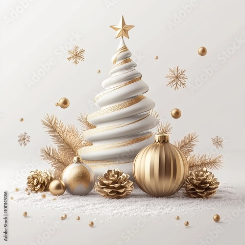 **Merry Christmas and Happy New Year Holiday white banner illustration. Xmas design with realistic 3d objects, christmas tree, golden christmass ball, snowflake, glitter gold