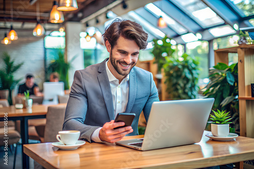 Entrepreneur using a laptop at a modern co-workplace, Successful concept