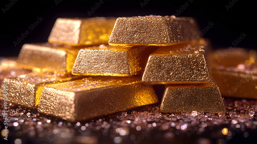 A stunning close-up image of a pile of gleaming gold bars meticulously arranged on a sleek black background, exuding a sense of luxury and wealth. The lustrous surface of the gold reflects light beaut A stunning close-up image of a pile of gleaming gold bars meticulously arranged on a sleek black background, exuding a sense of luxury and wealth. The lustrous surface of the gold reflects light beaut