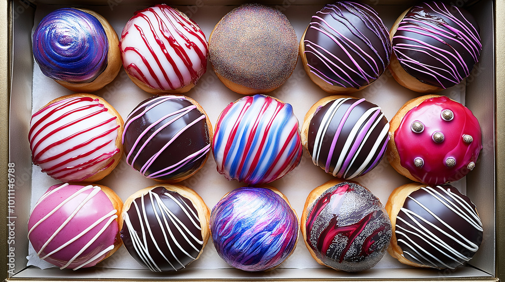 Obraz premium Verführerische Donut-Kollektion: Frische, handgemachte Donuts in leuchtenden Farben mit verschiedenen Toppings auf hellem Hintergrund. Food Marketing perfekt. Food Fotografie