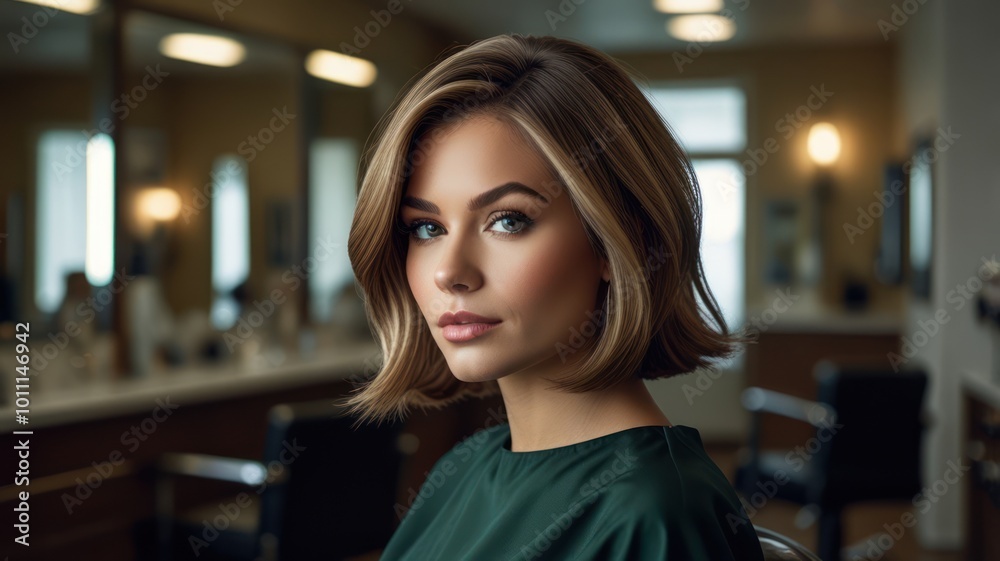 A beautiful young woman with blonde hair and blue eyes looks directly at the camera in a salon setting. A beautiful young woman with blonde hair and blue eyes looks directly at the camera in a salon setting.