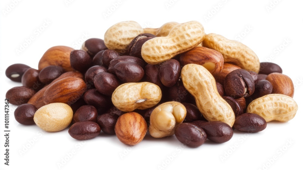 A pile of assorted nuts, including peanuts and various beans, on a white background. A pile of assorted nuts, including peanuts and various beans, on a white background.