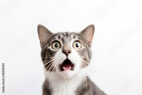 The cat reacting with surprise, wide eyes and open mouth