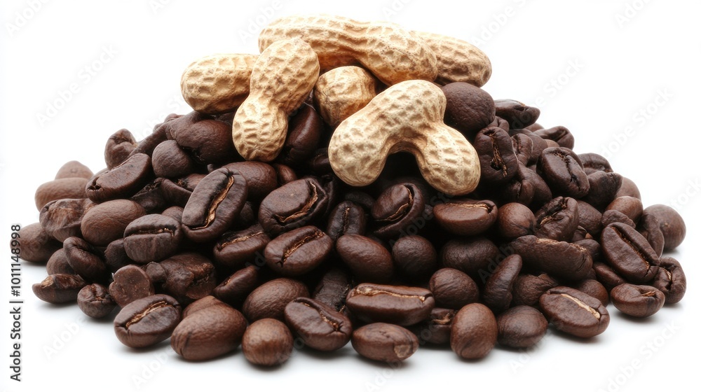 A pile of coffee beans and peanuts, showcasing a blend of snacks and beverages. A pile of coffee beans and peanuts, showcasing a blend of snacks and beverages.