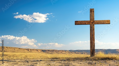 A rustic wooden cross stands alone against a clear blue sky, symbolizing faith and spirituality in a serene landscape.