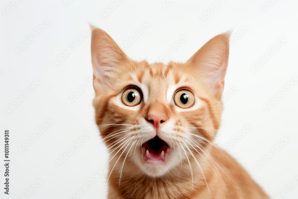 The  cat reacting with surprise, wide eyes and open mouth