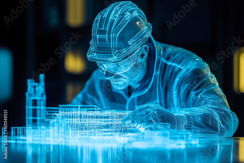 Engineer Figure Constructed from TMT Bars on a Blue Background