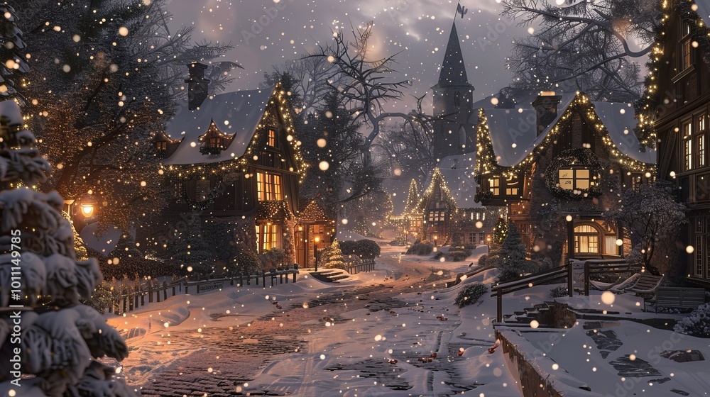 Snowy Village Scene: A Charming Illustration of a Quaint Winter Town Snowy Village Scene: A Charming Illustration of a Quaint Winter Town