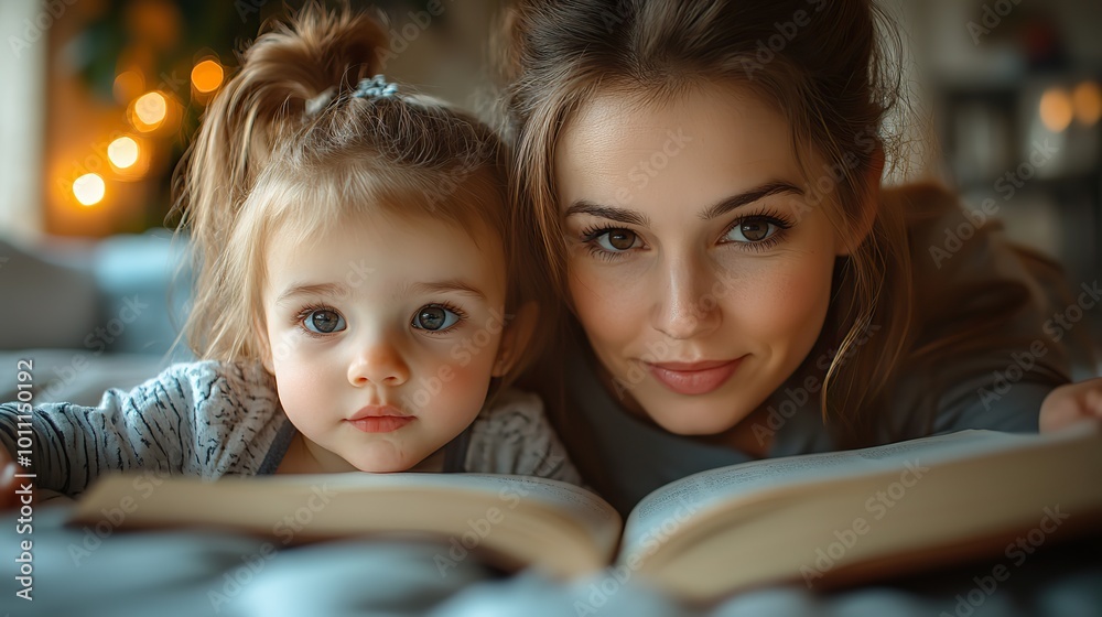 happy mother with her little daughter lying on bed ,reading book in evening at home happy mother with her little daughter lying on bed ,reading book in evening at home