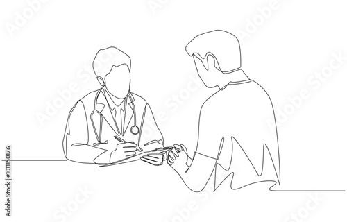 Continuous one line drawing of doctor taking patient's history,  medical service for outpatient concept, single line art.