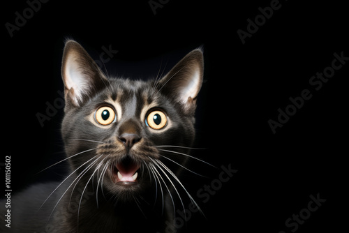 The  cat reacting with surprise, wide eyes and open mouth