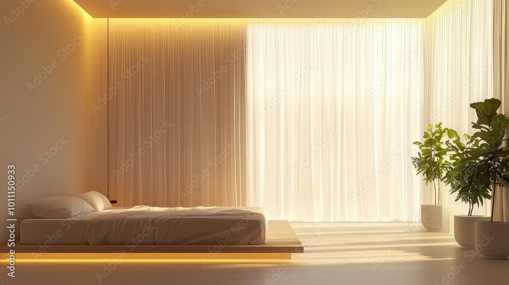 Fototapeta premium A serene bedroom scene with natural light, minimal decor, and indoor plants, creating a calming atmosphere for relaxation.
