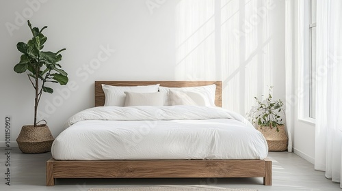 A serene bedroom featuring a wooden bed and soft white bedding, accented by natural light and indoor plants for a calming atmosphere.