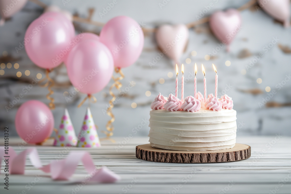 White birthday cake with pink frosting and candles on rustic wooden table, surrounded by pastel pink balloons for a joyful celebration.