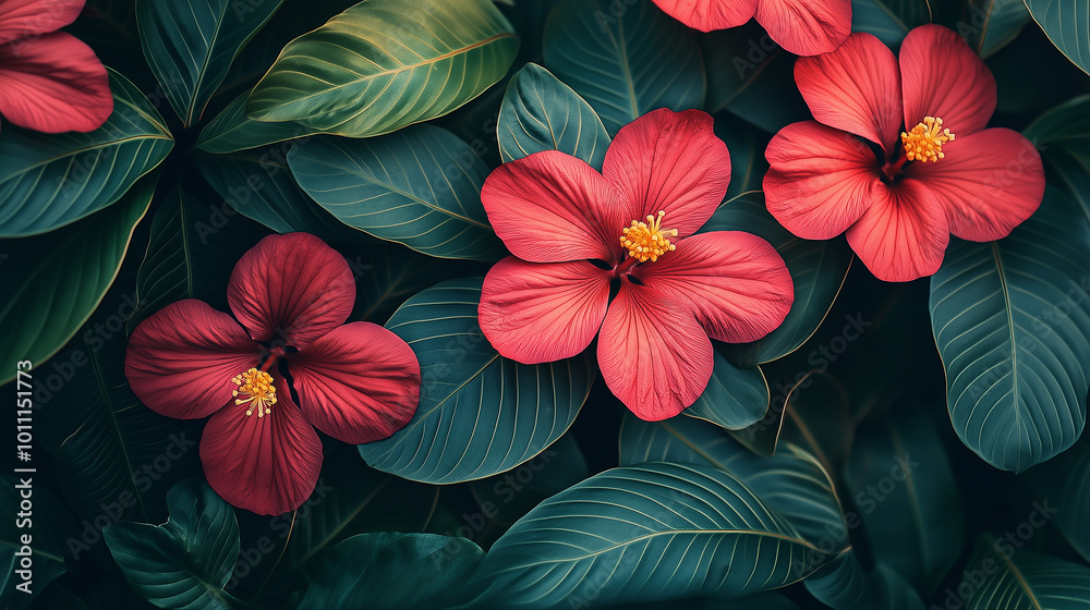 A close-up nature image of vibrant tropical flowers with detailed petals and a captivating background of lush greenery A close-up nature image of vibrant tropical flowers with detailed petals and a captivating background of lush greenery