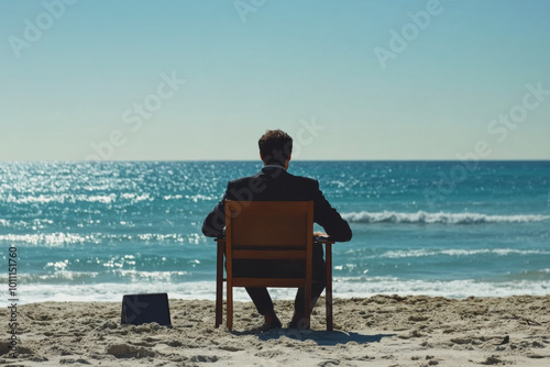 businessman working with computer on the beach