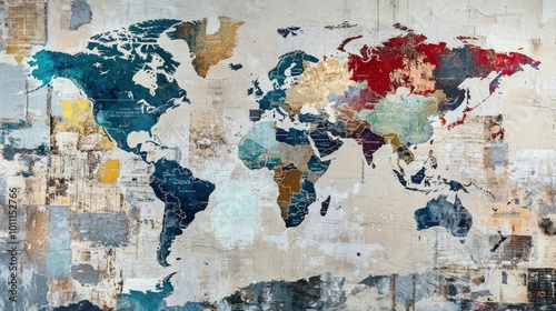 A colorful world map mural showcasing global regions and cultures.