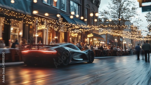 Dynamic Velocity Prototype Racing Through Rhode Island's Italian District, Captured in Hyper-Realistic Photography with Cinematic Lighting and Outdoor Diner Atmosphere.