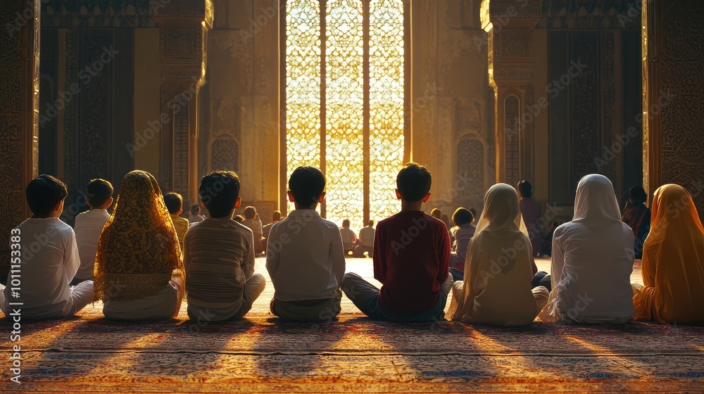 A serene gathering of children in prayer, bathed in soft light, symbolizing peace and spirituality in a sacred space. A serene gathering of children in prayer, bathed in soft light, symbolizing peace and spirituality in a sacred space.