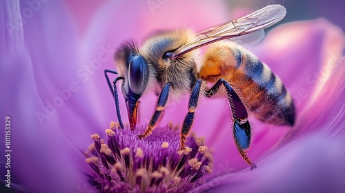 A colorful bee pollinates a vibrant purple flower.