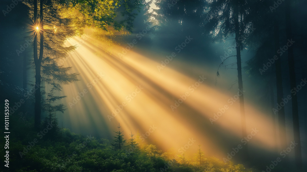 A peaceful nature shot of a misty morning in the forest, with beams of sunlight breaking through the fog and illuminating the scene A peaceful nature shot of a misty morning in the forest, with beams of sunlight breaking through the fog and illuminating the scene