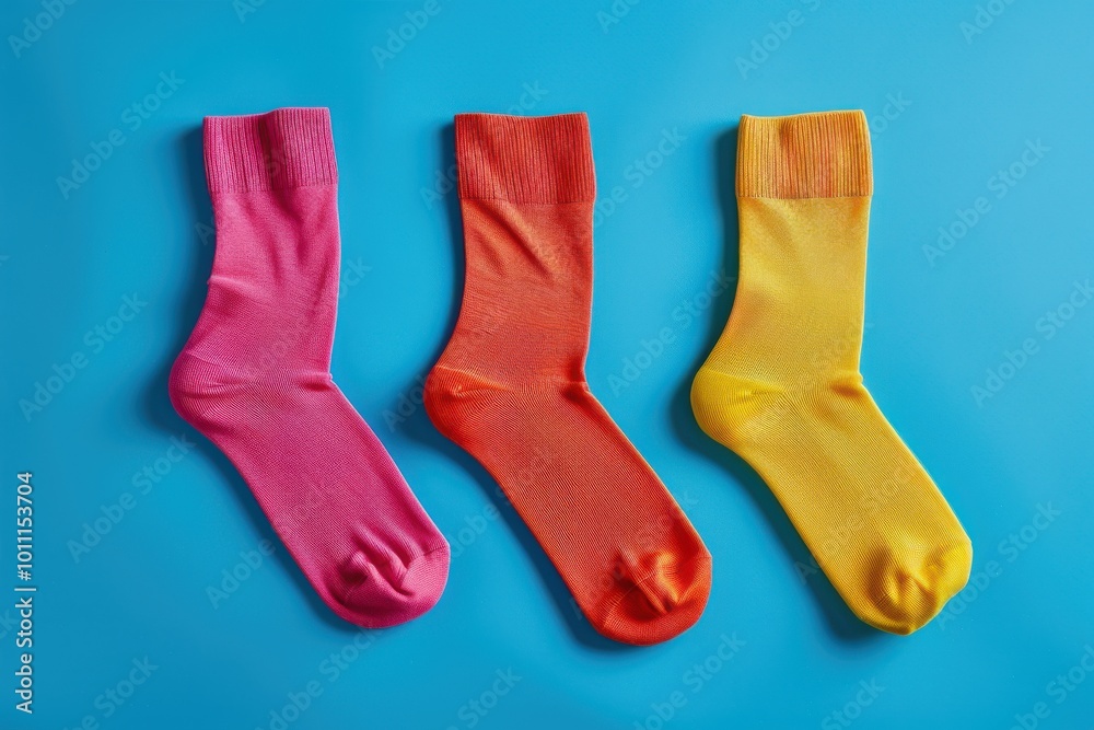 Colorful socks arranged in a row on a blue background showcasing pink, orange, and yellow hues
