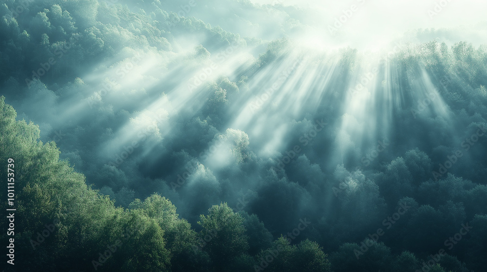A peaceful nature shot of a misty morning in the forest, with beams of sunlight breaking through the fog and illuminating the scene
