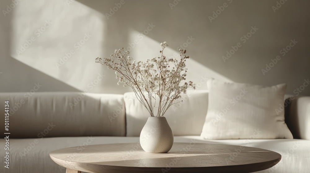 A serene interior space featuring a vase of dried flowers on a wooden table, perfectly illuminated by soft natural light. A serene interior space featuring a vase of dried flowers on a wooden table, perfectly illuminated by soft natural light.
