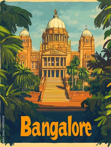 This vibrant travel poster showcases the grandeur of Bangalores iconic palace set amidst lush greenery, inviting travelers to discover its rich history and culture. photo