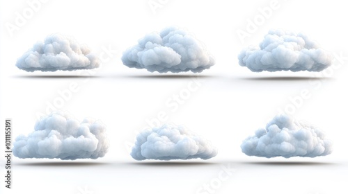 A collection of fluffy, white clouds on a white background.