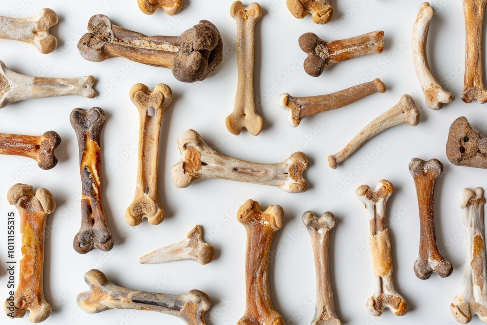 Bones Background. Dog Snack like Bones in Flat Lay on White, Pet Treat for Chew Bones Background. Dog Snack like Bones in Flat Lay on White, Pet Treat for Chew
