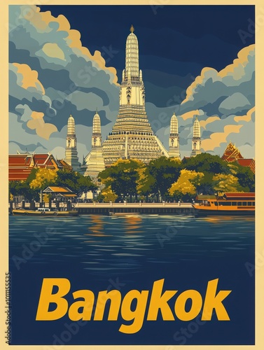 Experience the charm of Bangkok with its stunning Wat Arun temple, surrounded by lush greenery and calm waters under a dramatic sky, inviting travelers to explore Thailands rich culture. photo