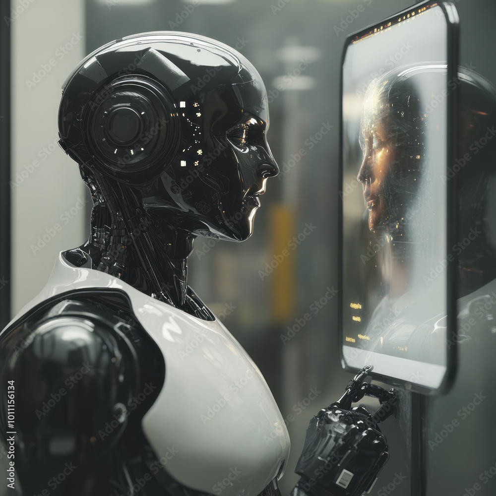 The mirror serves as a holographic display where Human Reflection symbolizes the ever-changing essence of human identity in the digital era. The mirror serves as a holographic display where Human Reflection symbolizes the ever-changing essence of human identity in the digital era.