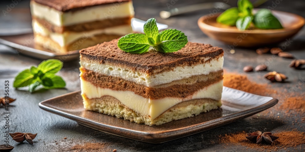Delicious Tiramisu Dessert with Mint Decoration for an Elegant Presentation and Fresh Flavor in Culinary Photography Delicious Tiramisu Dessert with Mint Decoration for an Elegant Presentation and Fresh Flavor in Culinary Photography