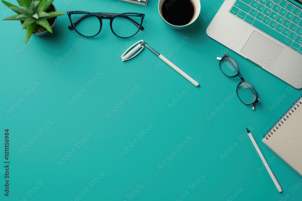 Workspace with glasses, coffee cup, and laptop on a teal desk with a notebook and plant in daylight Workspace with glasses, coffee cup, and laptop on a teal desk with a notebook and plant in daylight