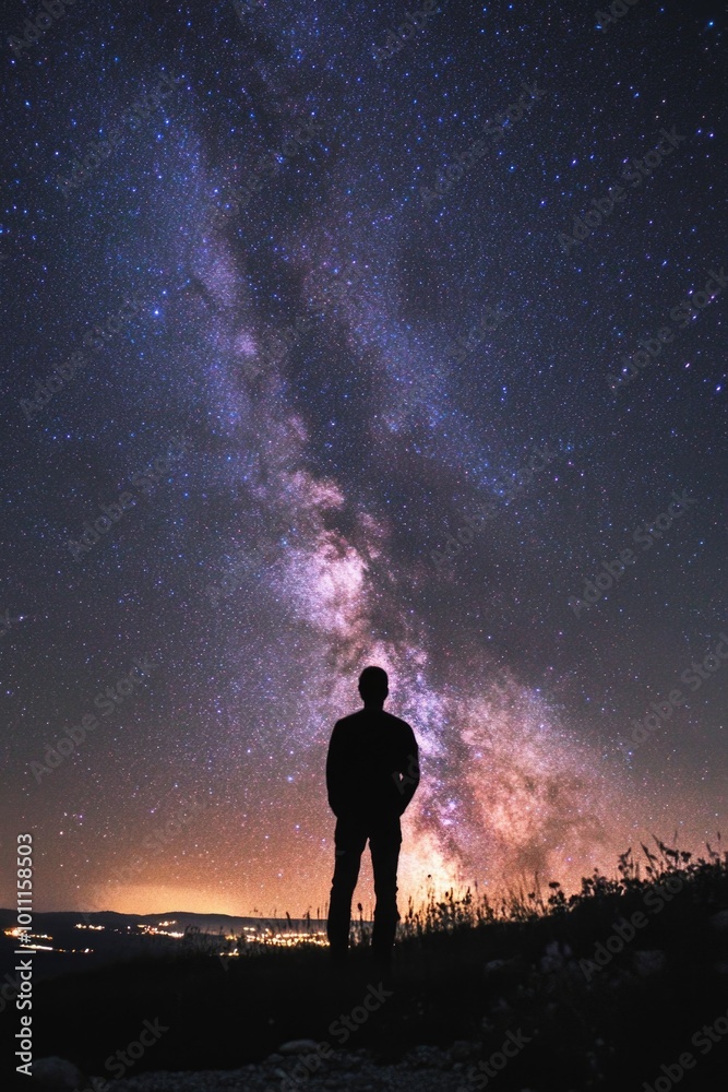 Man on Hill Watching Night Sky Man on Hill Watching Night Sky