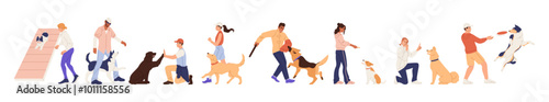 Dog, pet walk. Park puppy training, playground for pets. Jump animal, people run. Area activity friend. Playful woman and man with canine. Vector character cartoon flat style happy scenes illustration