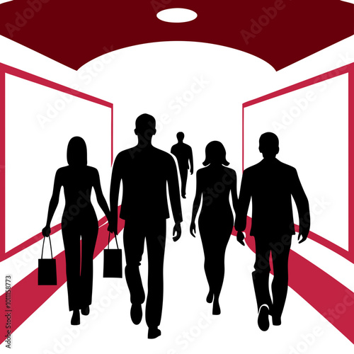 People walking past store windows in corridor during sale in red, black, and white vector.