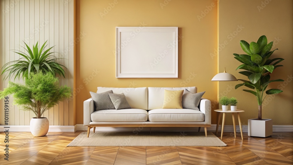 Elegant Minimalist Living Room with White Sofa, Blank Frame, Plants, and Bright Walls for a Clean, Modern Atmosphere Elegant Minimalist Living Room with White Sofa, Blank Frame, Plants, and Bright Walls for a Clean, Modern Atmosphere