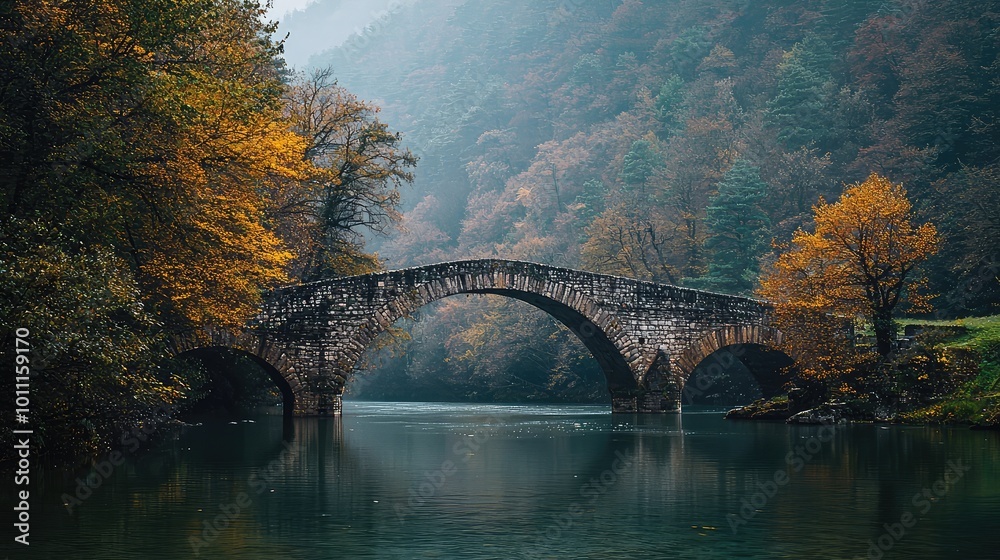A serene stone bridge arching over calm waters surrounded by autumn foliage, evoking tranquility and natural beauty.