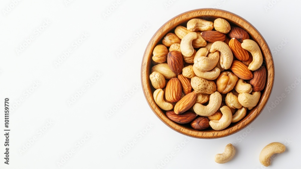 A wooden bowl filled with a variety of mixed nuts on a white background. A wooden bowl filled with a variety of mixed nuts on a white background.