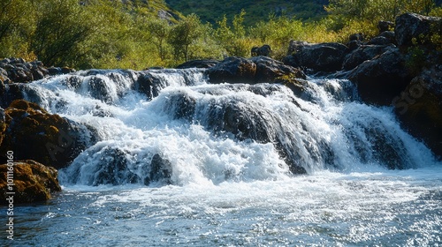 A serene view of a cascading waterfall surrounded by lush greenery and rocky formations in a tranquil setting.
