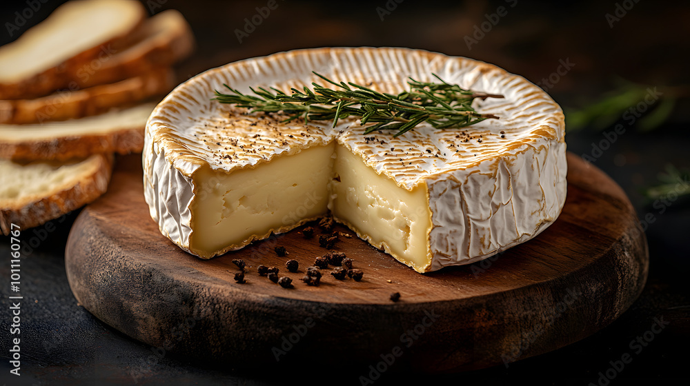 A round, smooth wheel of goat cheese with a delicate white rind, showcasing its creamy texture and rich flavor. This visually appealing cheese is perfect for gourmet cheese boards, adding a touch of e A round, smooth wheel of goat cheese with a delicate white rind, showcasing its creamy texture and rich flavor. This visually appealing cheese is perfect for gourmet cheese boards, adding a touch of e