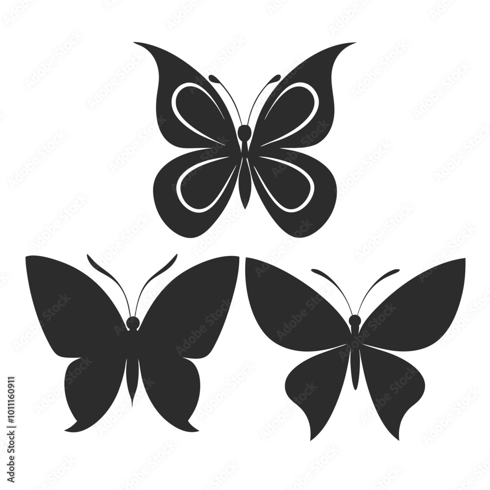 Set of butterfly vector icons in silhouette style with smooth symmetrical wing patterns.
Butterfly silhouette vector icons with balanced shapes, perfect for logos and decorative designs. Set of butterfly vector icons in silhouette style with smooth symmetrical wing patterns.
Butterfly silhouette vector icons with balanced shapes, perfect for logos and decorative designs.