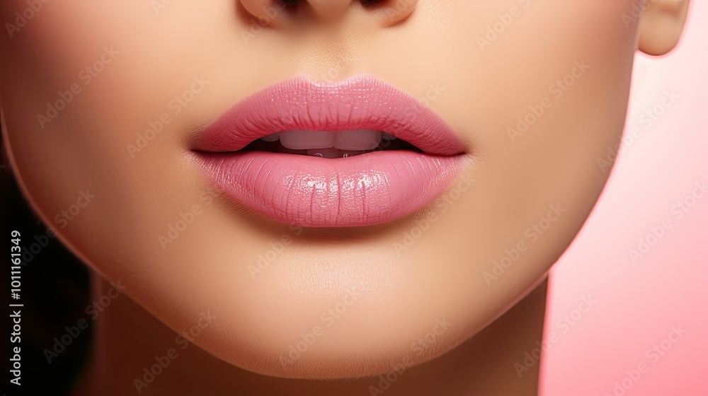 Close-up cropped half face with beautiful pink lips slightly biting a fresh strawberry Close-up cropped half face with beautiful pink lips slightly biting a fresh strawberry
