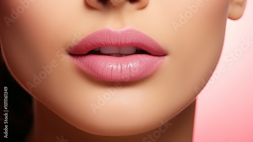 Close-up cropped half face with beautiful pink lips slightly biting a fresh strawberry 