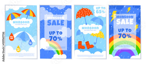 Rain monsoon. Rainy season. Offer day poster. Sky rainbow. Clouds with lightnings. Sale announcement flyer. Water drops. Storm umbrella. Autumn and spring seasonal discount. Vector garish banners set