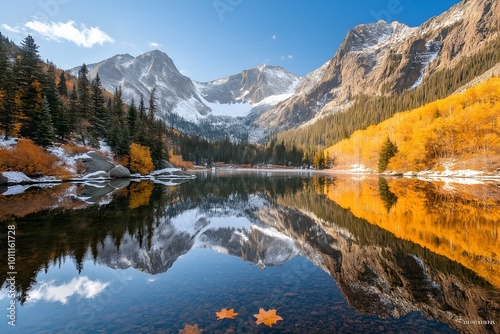 A crystal-clear lake at the base of snow-dusted mountains, surrounded by trees ablaze with autumn colors. The reflection of the mountain and the colorful trees mirrors perfectly on the lake photo