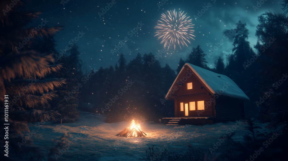 Cozy cabin with fireworks in a snowy forest at night Cozy cabin with fireworks in a snowy forest at night