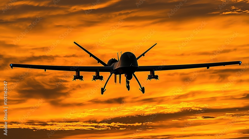 A silhouette of a drone in flight against a stunning sunset sky, showcasing aviation technology and tranquility. A silhouette of a drone in flight against a stunning sunset sky, showcasing aviation technology and tranquility.